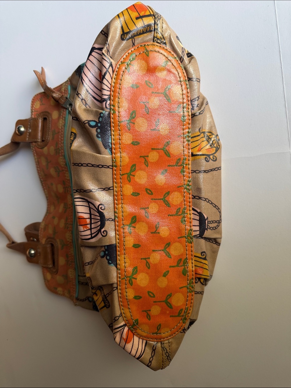 Fossil Key-per Canvas Tote Bag with Colorful Birdcage Print in Tan and Teal - Picture 8 of 9